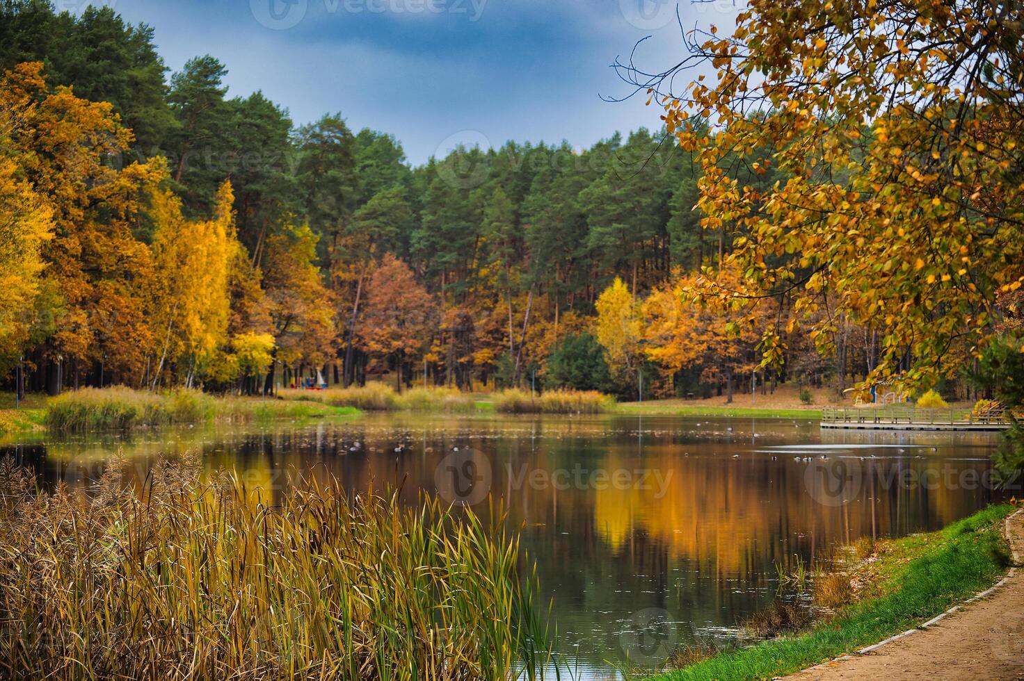 Serene autumn landscape with vibrant foliage reflecting in a calm lake photo