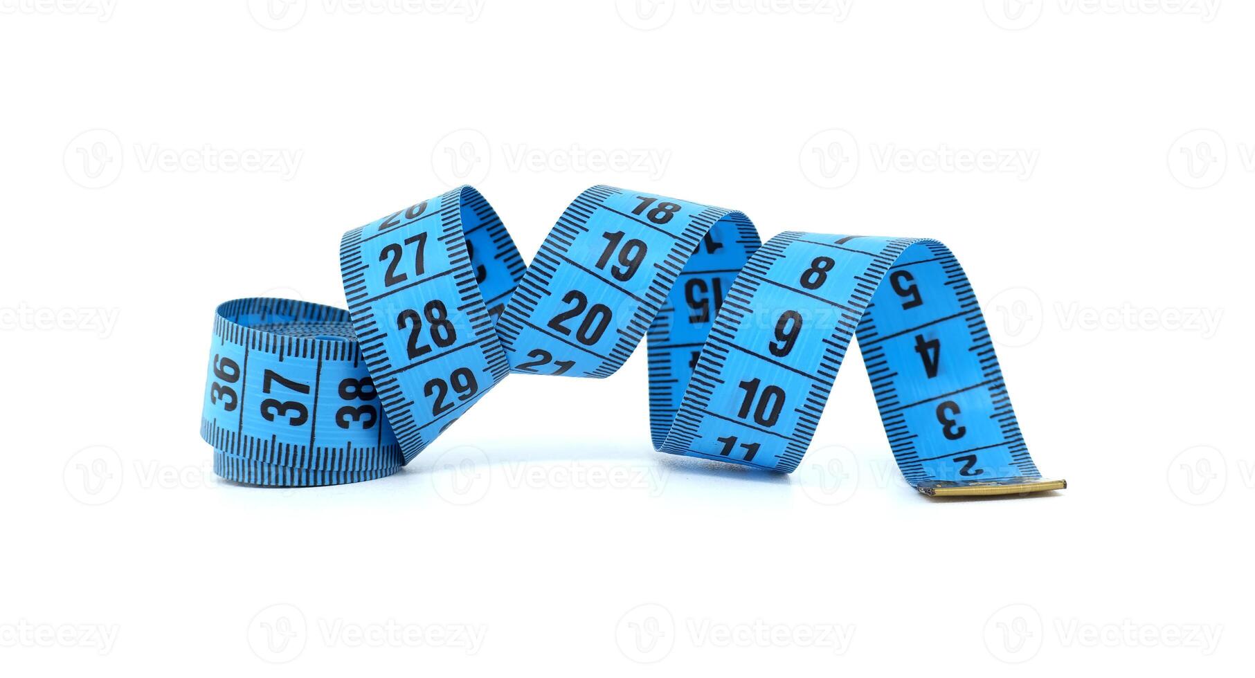 Curved Blue Measuring Tape Isolated on White Background photo