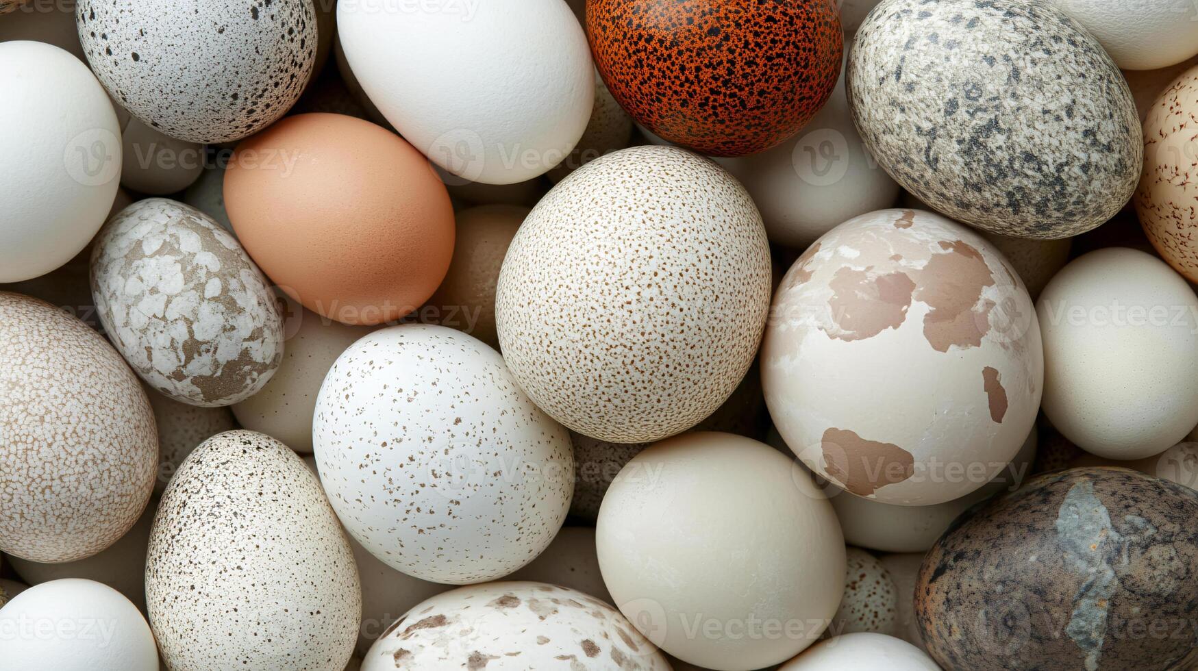Close-up of various bird eggs with different colors and patterns. photo