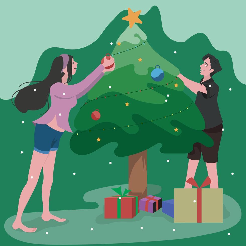A man and woman decorating a christmas tree vector