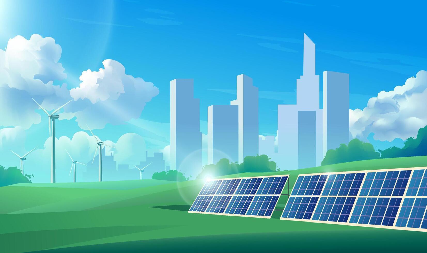Environmental theme illustrations Wind, solar and cities vector