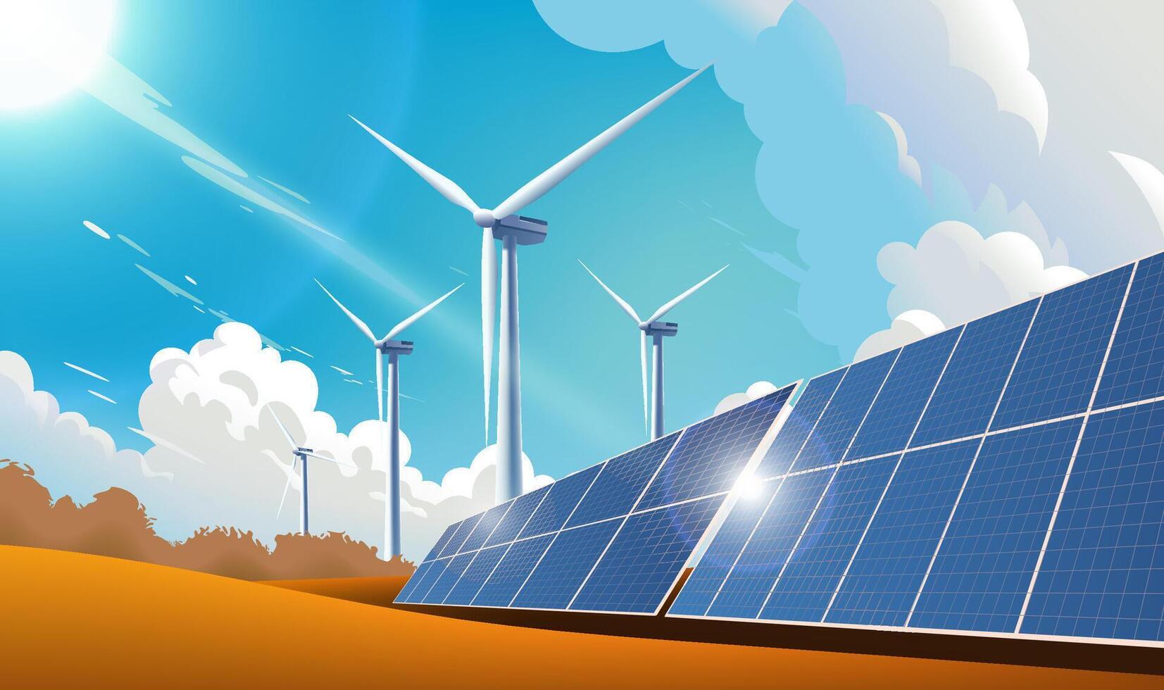 Environmental theme illustrations New energy solar cells and wind power vector