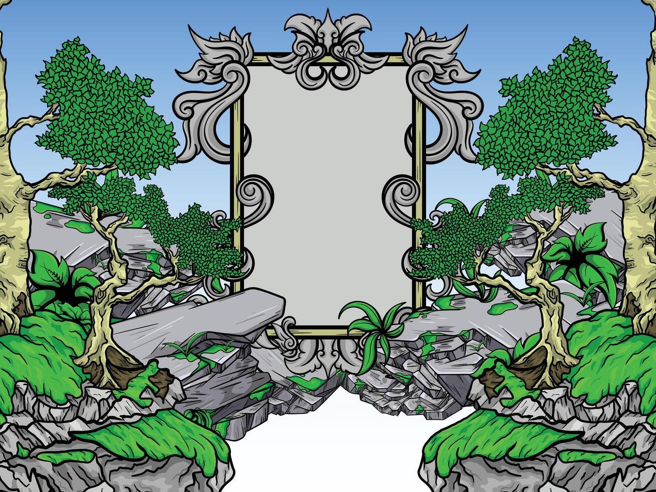 Background design of beautiful rocky view at high altitude with ornamental frame vector