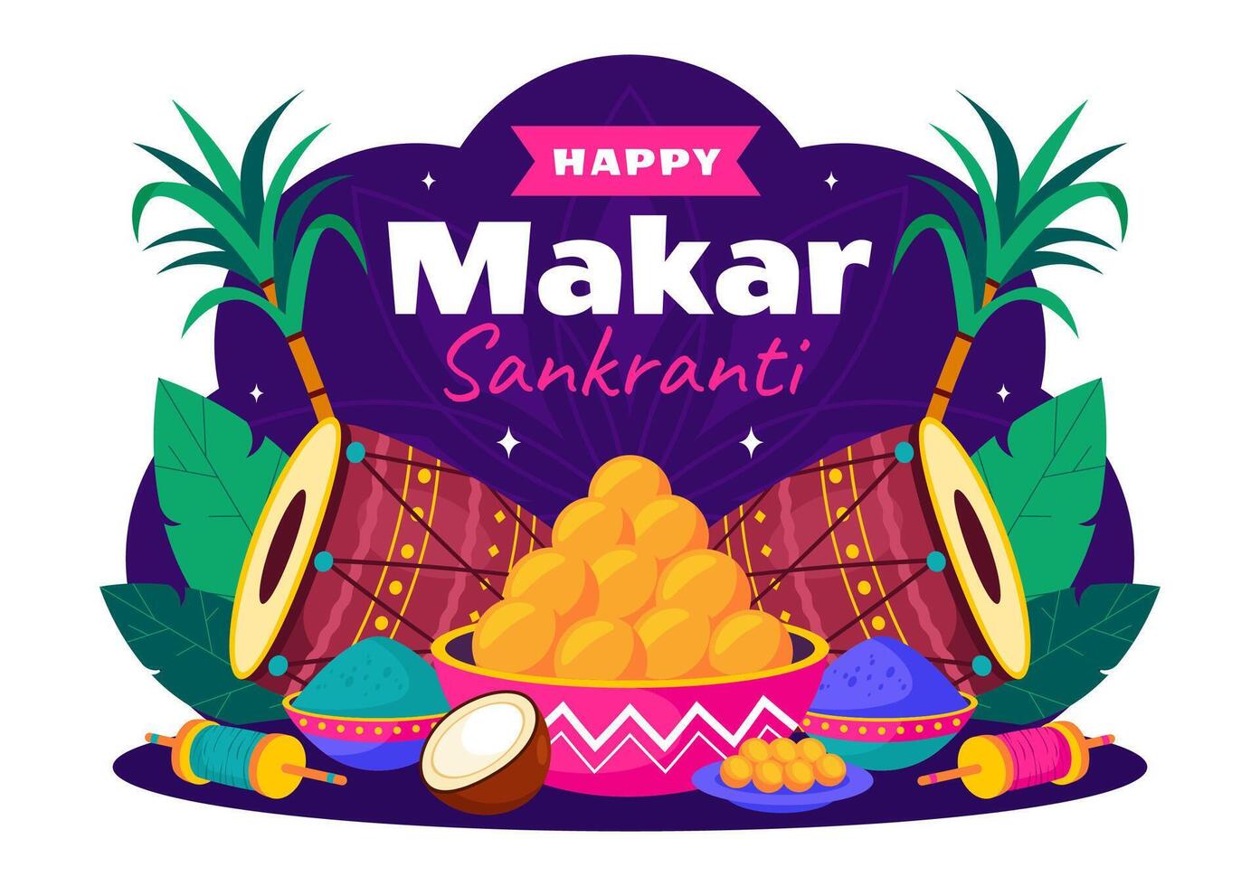 Makar Sankranti Kite Flying Celebration in Flat Style Background vector