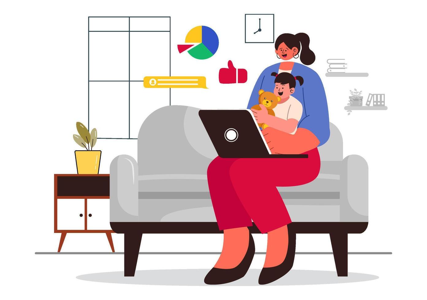 Remote Work Mom Illustration Featuring a Mom with a Laptop and Kids at Home vector