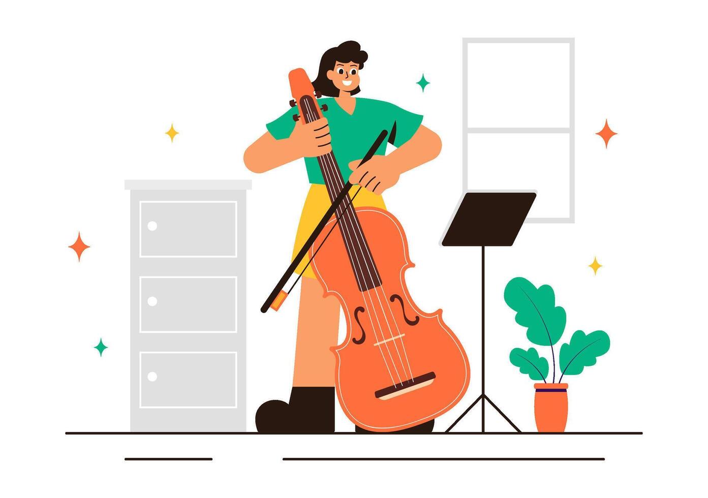 Music School Cartoon Illustration with Teachers and Students Learning Various Instruments in a Flat Style vector