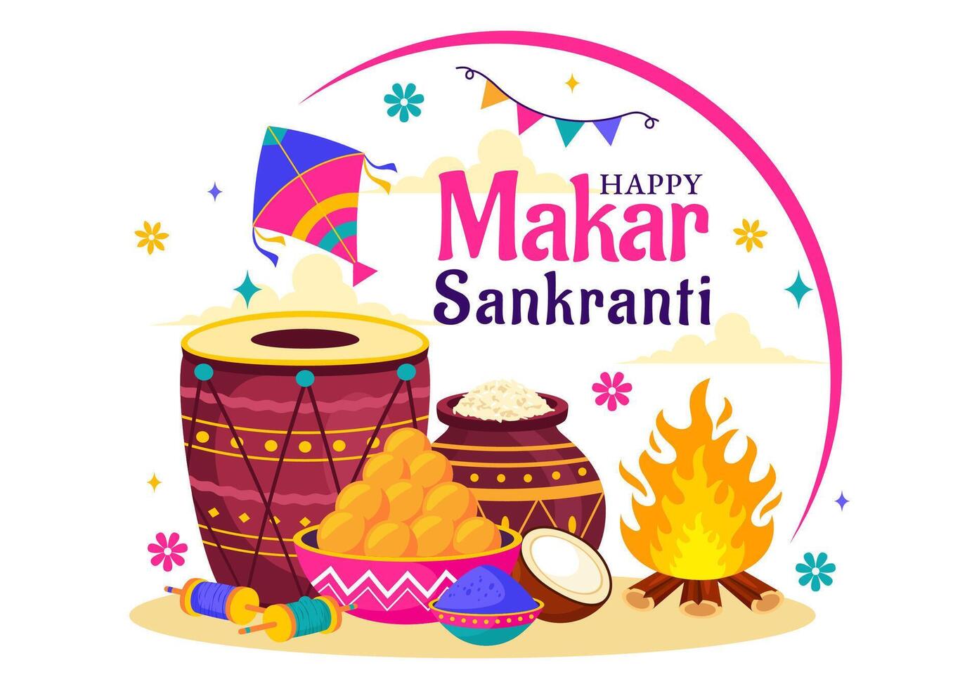 Illustration of Makar Sankranti Celebration with Festive Kites in the Sky vector