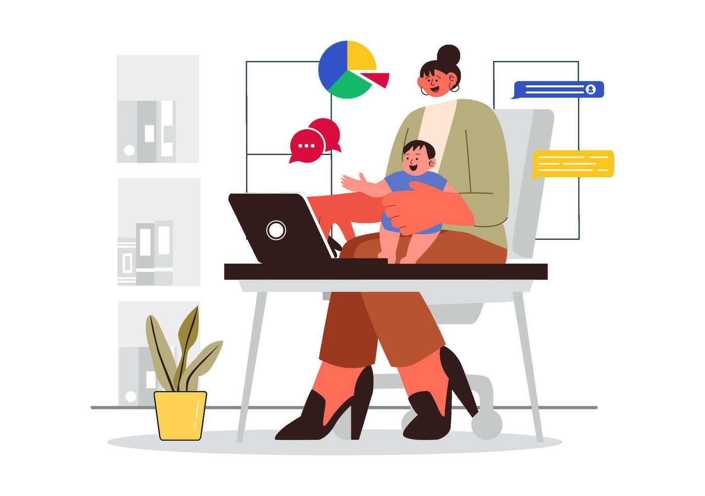 Busy Working Mom Illustration with a Mother Managing Work and Home Duties in a Flat Cartoon Style vector