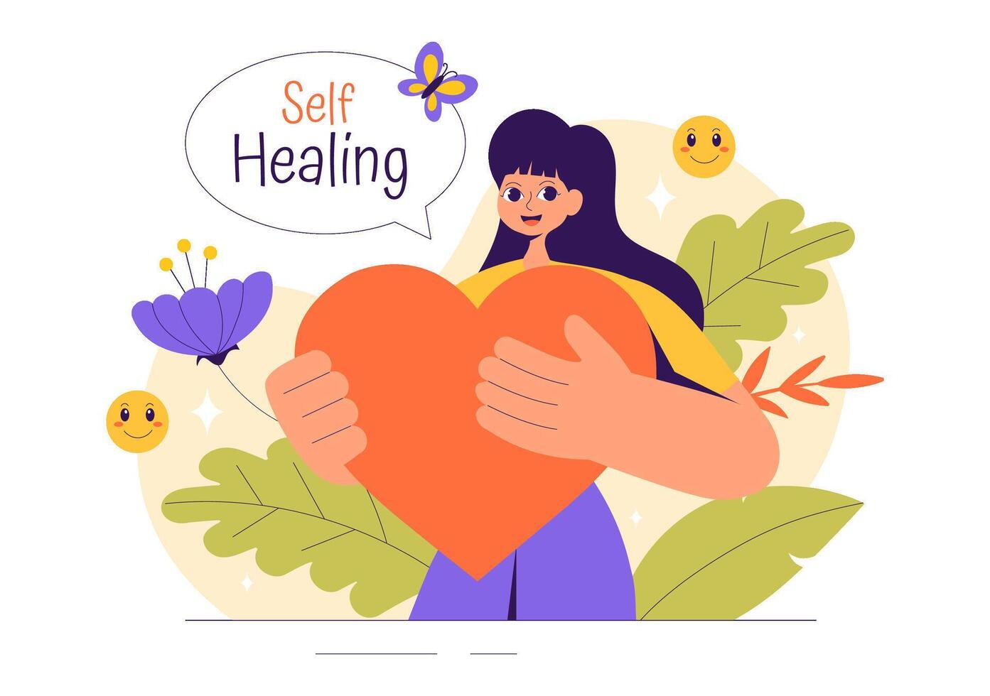 Woman Practicing Self-Healing Meditation Illustration in a Flat Cartoon Style vector
