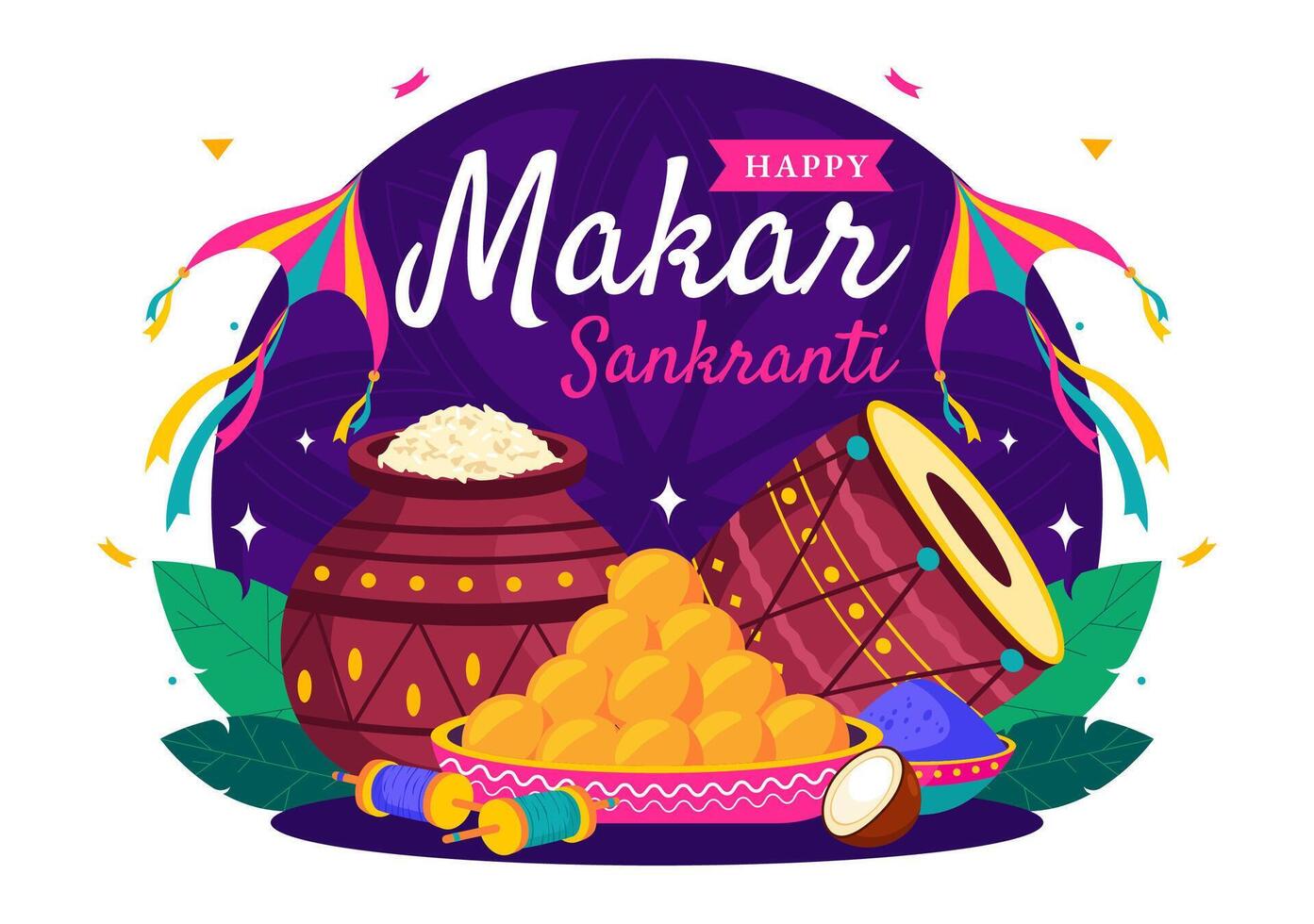 Indian Harvest Festival Illustration with Colorful Kites and Strings for Makar Sankranti vector