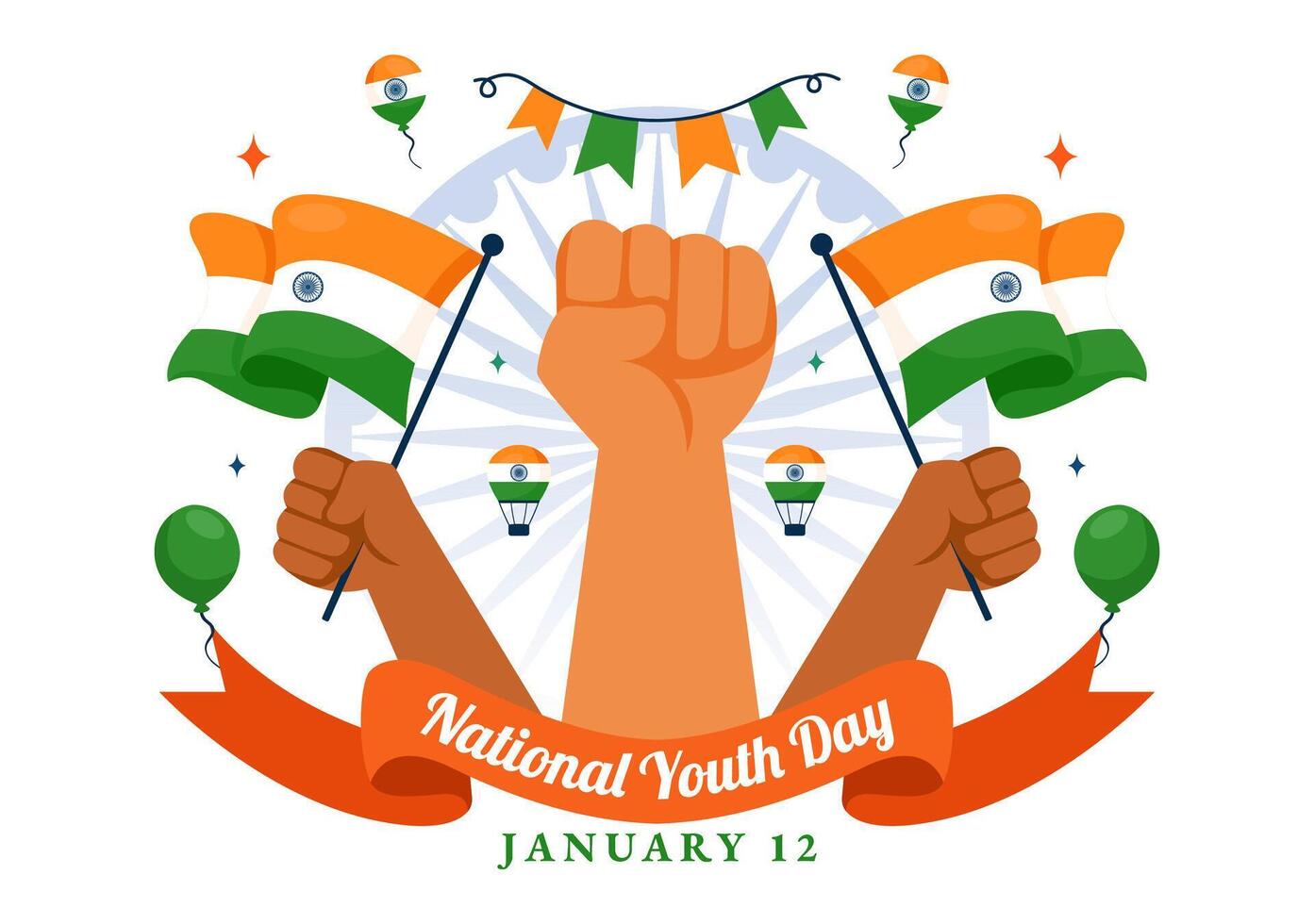 International Youth Day in India Illustration on 12 January with National Flag in Flat Cartoon Style vector