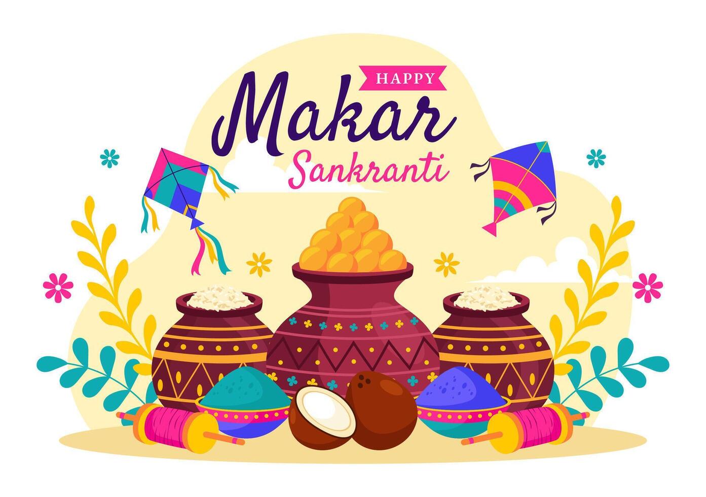 Makar Sankranti Flat Style Illustration with Vibrant Kites and Festival Themes vector