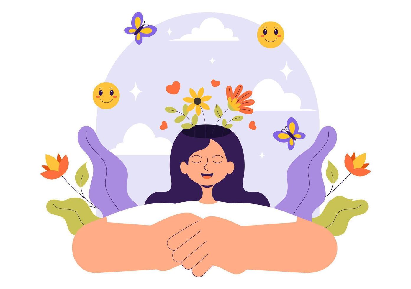 Yoga and Self-Healing Illustration of a Woman Achieving Inner Peace in a Flat Style Background vector