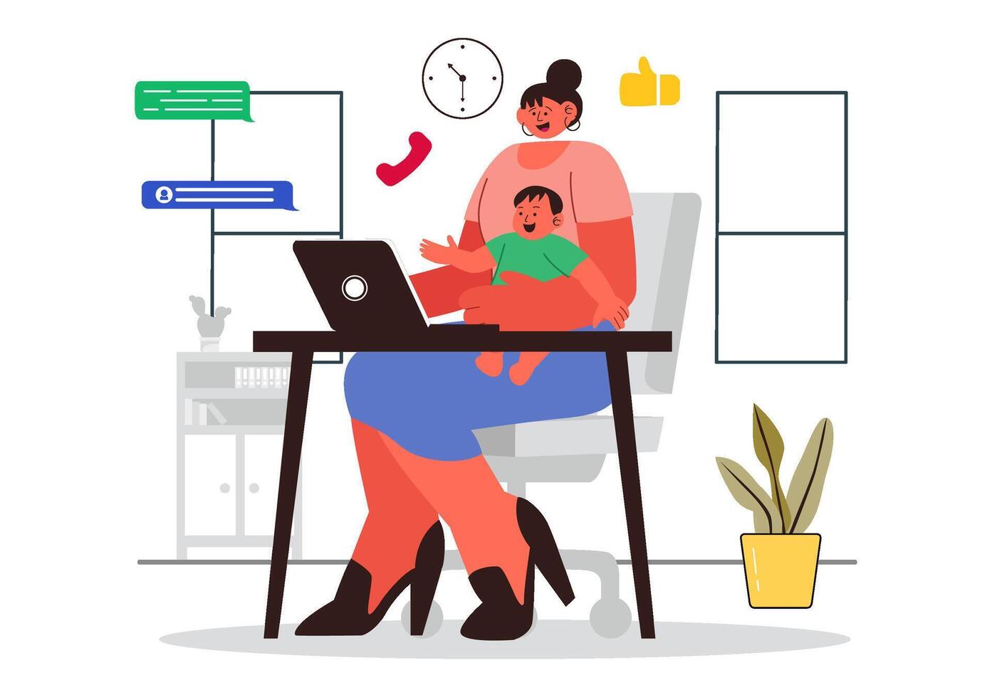 Busy Mom Illustration Highlighting a Mother Juggling Career and Parenting Duties vector