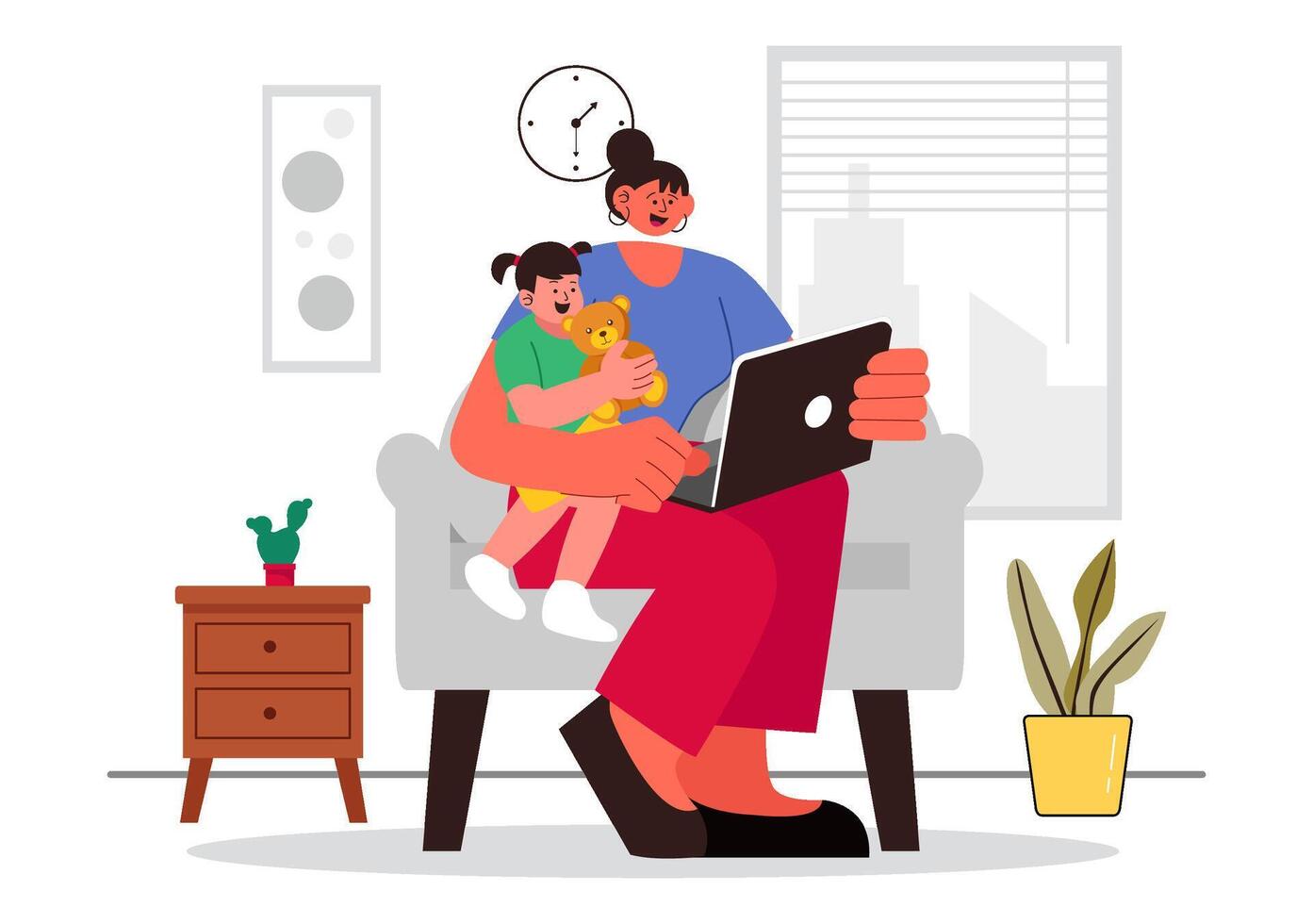 Work-from-Home Mom Illustration Featuring a Mother Balancing Professional and Family Responsibilities vector