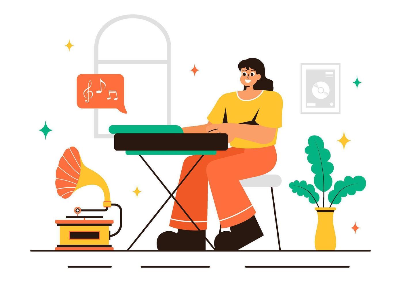 Illustration of a Music Class with Learners Practicing Musical Instruments in a Flat Style Background vector