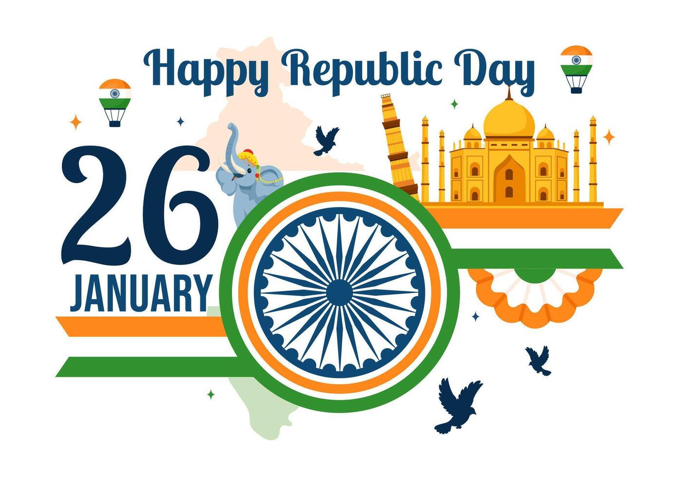 Indian Republic Day Celebration on 26 January with Monument and Flag in Flat Cartoon Background vector