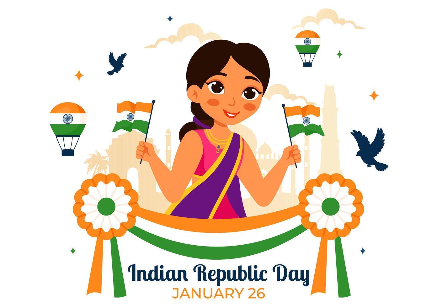 India Republic Day Design with Indian Flag and Monument in a Flat Cartoon Background vector
