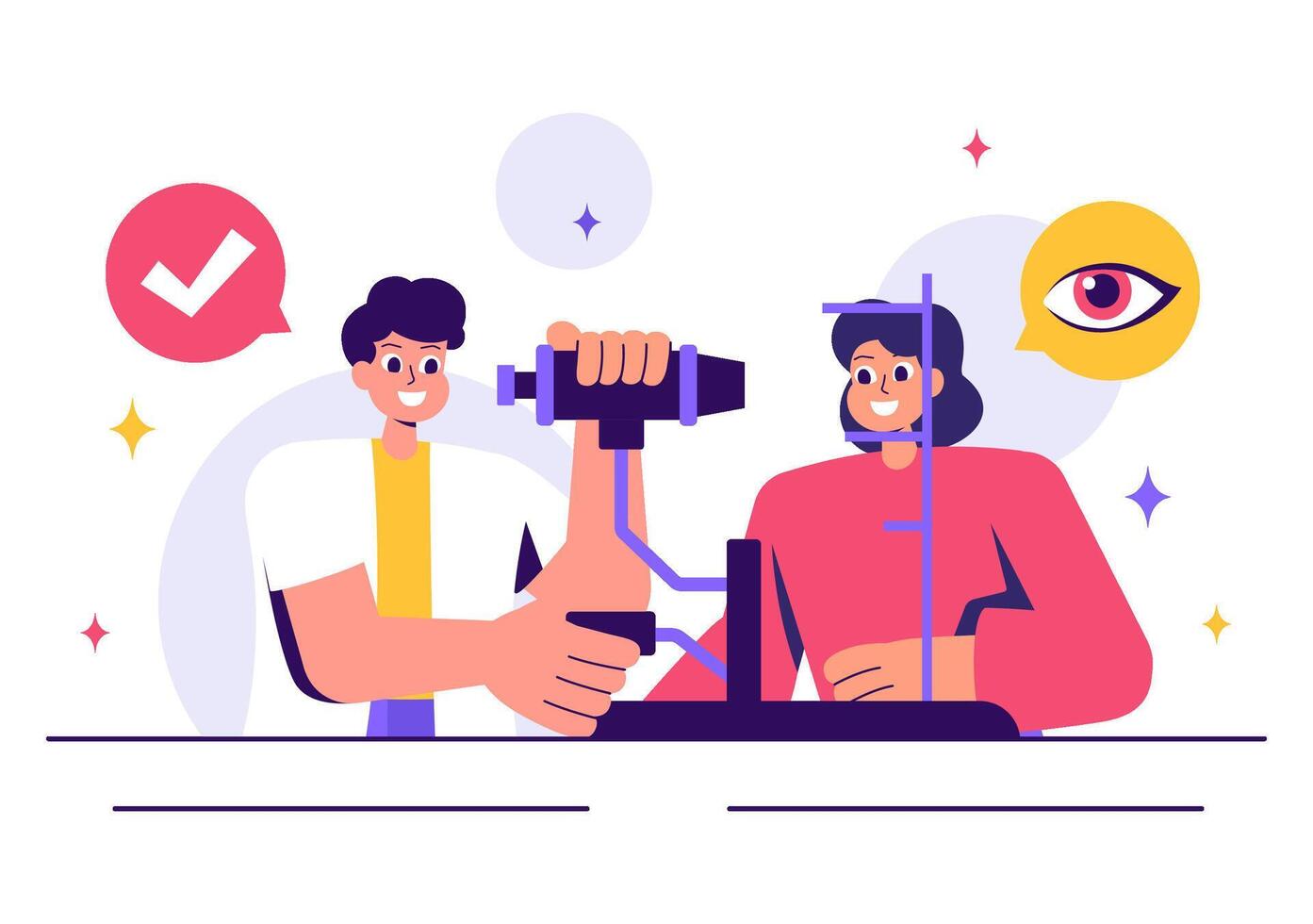 Eye Examination Illustration with an Optometrist Checking Vision and Modern Optical Tools in a Flat Style Background vector