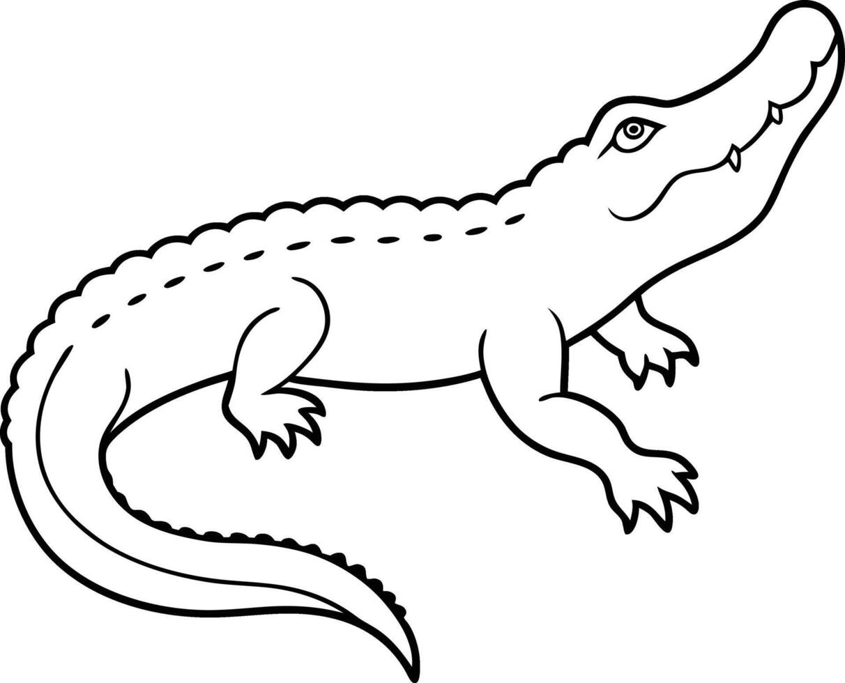 silent Crocodile outline and line art illustration design. Cute kawaii alligator cartoon character on the island background coloring page illustration. vector