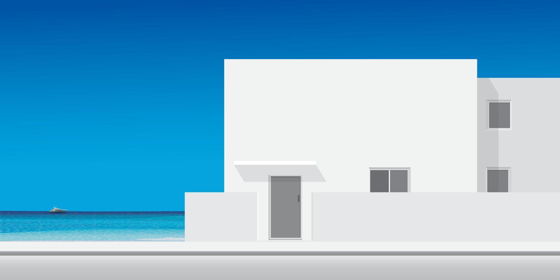 Minimalist building at seaside in sunny day have blue sky background graphic illustration. vector