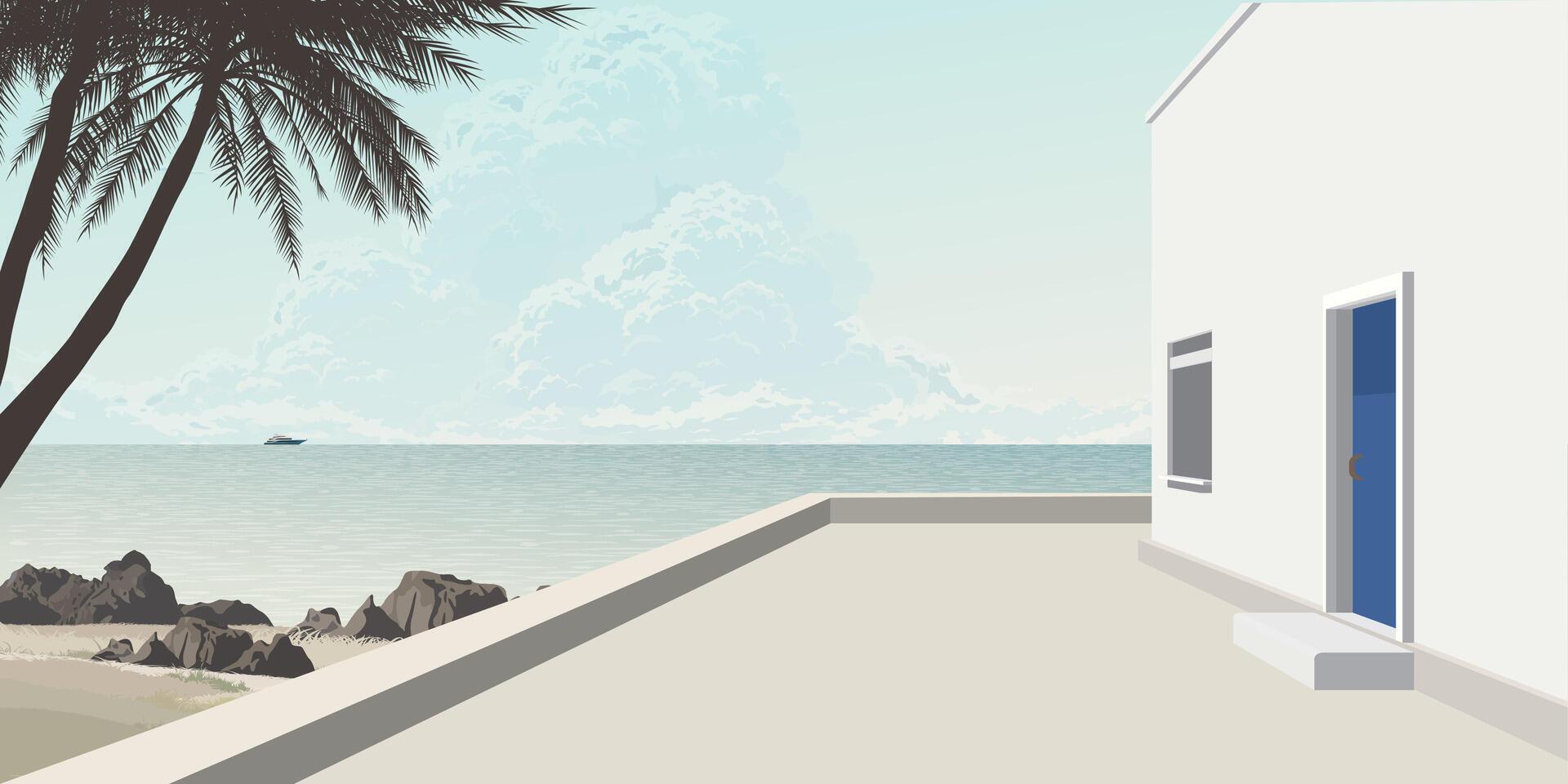 Minimalist building at seaside with silhouette palm trees have blue sky background graphic illustration. vector