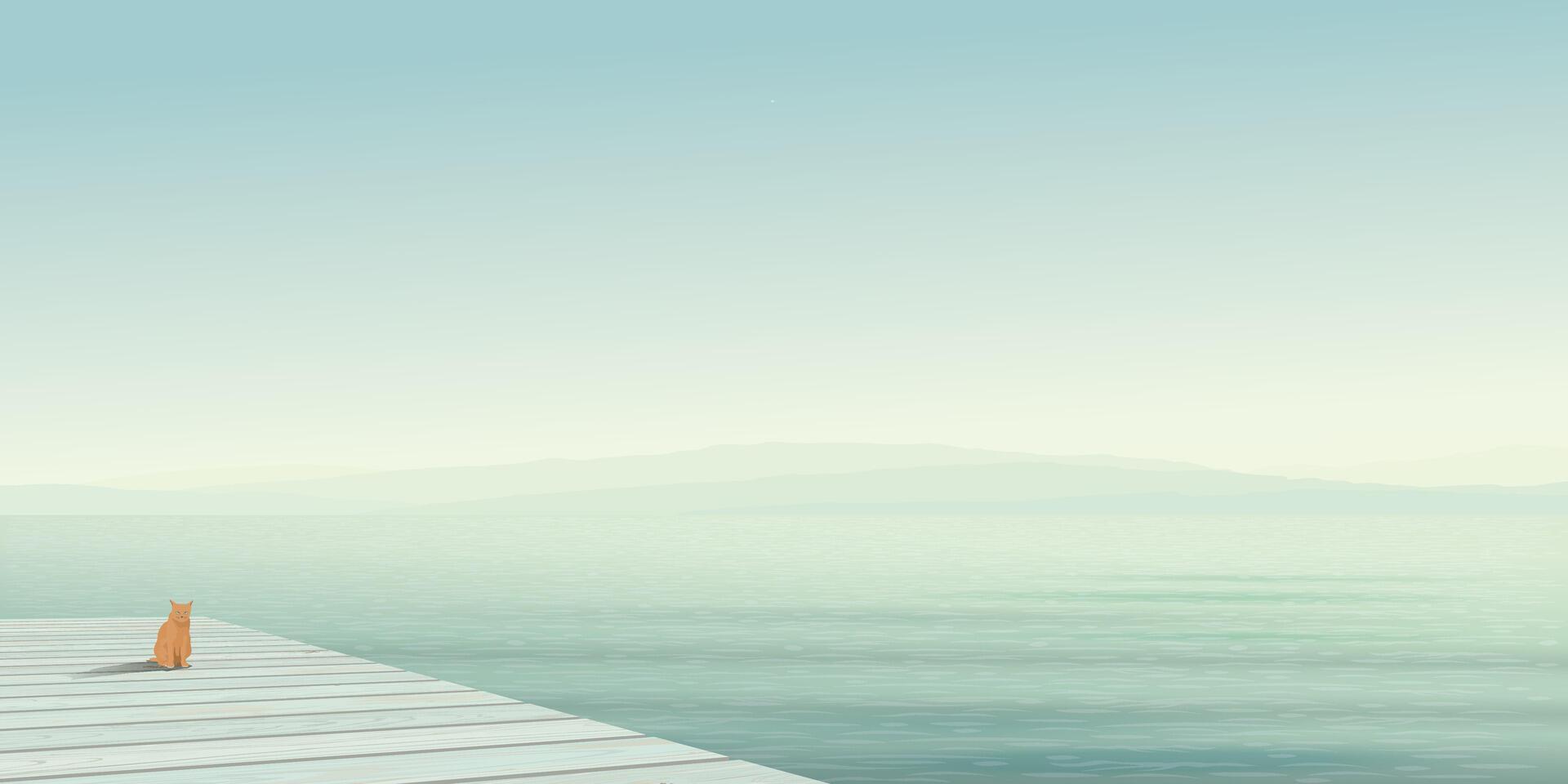 Minimalist seascape with lonely cat sitting on wooden pier have mountain ranges and vanilla sky background graphic illustration. vector