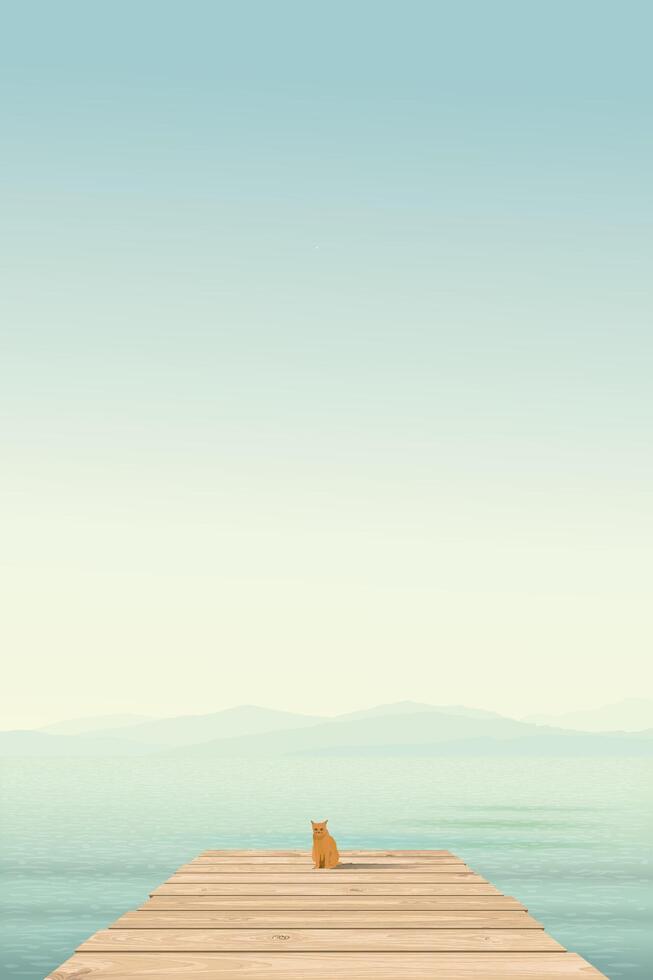 Minimalist seascape with lonely cat sitting on wooden pier have mountain ranges and vanilla sky vertical background graphic illustration. vector