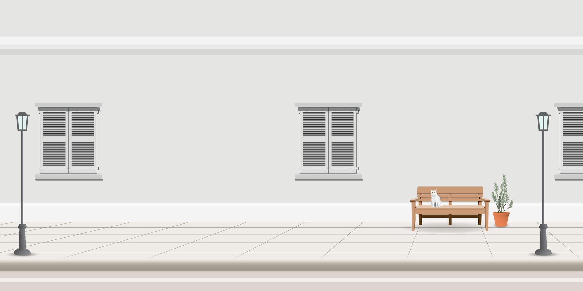 Minimalist pastel building and sidewalk have a cat sitting on bench graphic illustration. vector