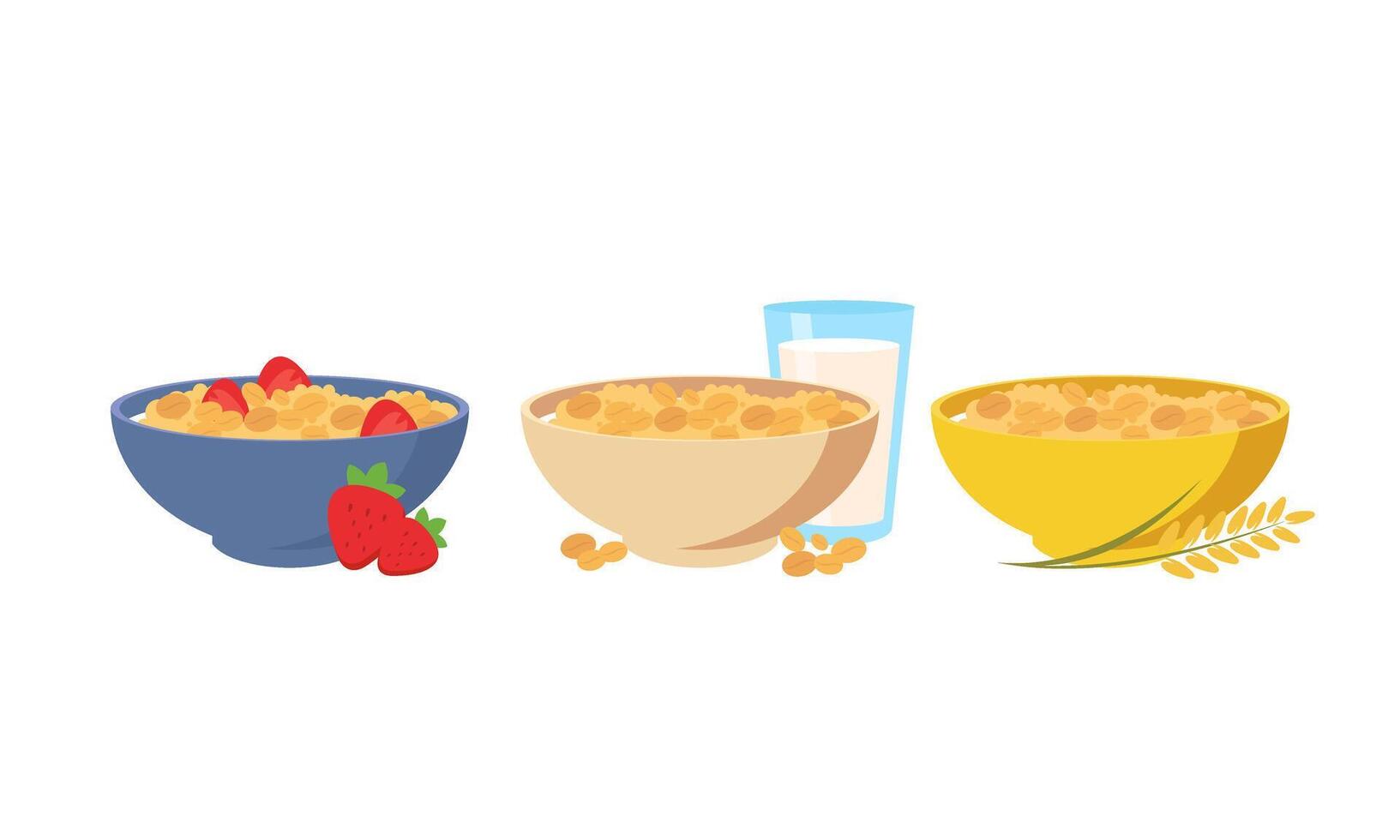 Oatmeal set. Collection of cups of oatmeal porridge with various fruits vector
