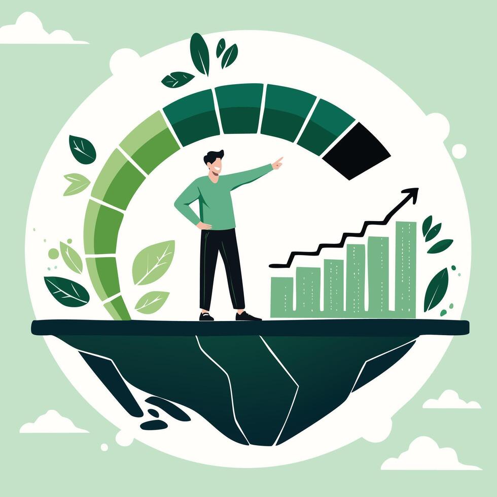 A businessman pointing to charts showing increased ROI alongside ESG goals achieved, symbolizing sustainable business growth and corporate responsibility success vector