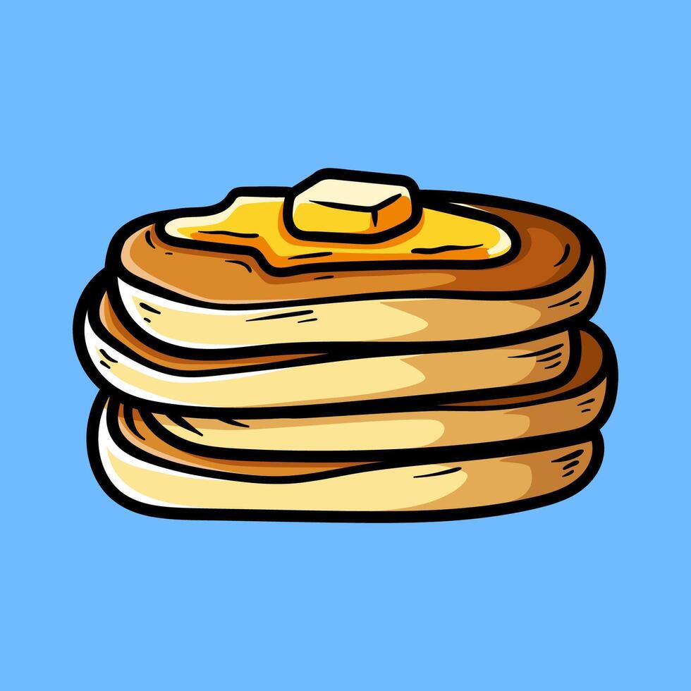 stack of pancakes with butter isolated colored drawing line art style sketch classic vintage design illustration vector