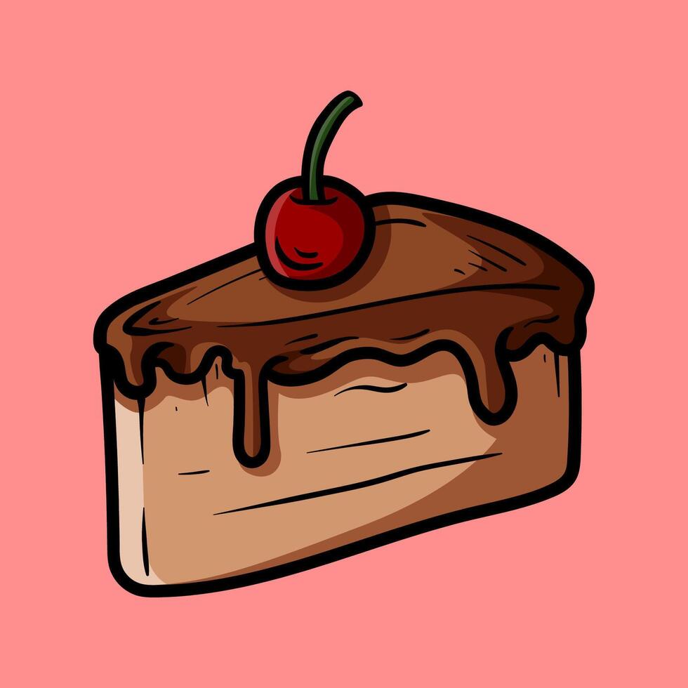 sliced cake with cherry isolated drawing line art style sketch classic vintage design illustration vector
