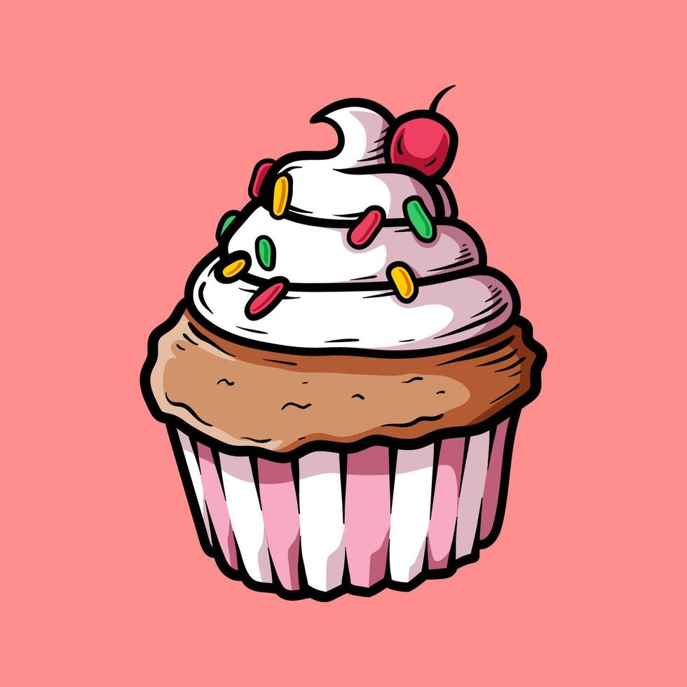 muffin with cream and full of sprinkle isolated drawing line art style sketch classic vintage design illustration vector