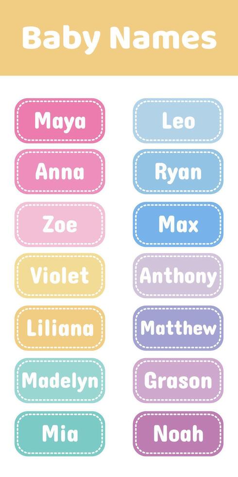 Set of cards with baby names. Labels for a notebook. Name stickers. vector