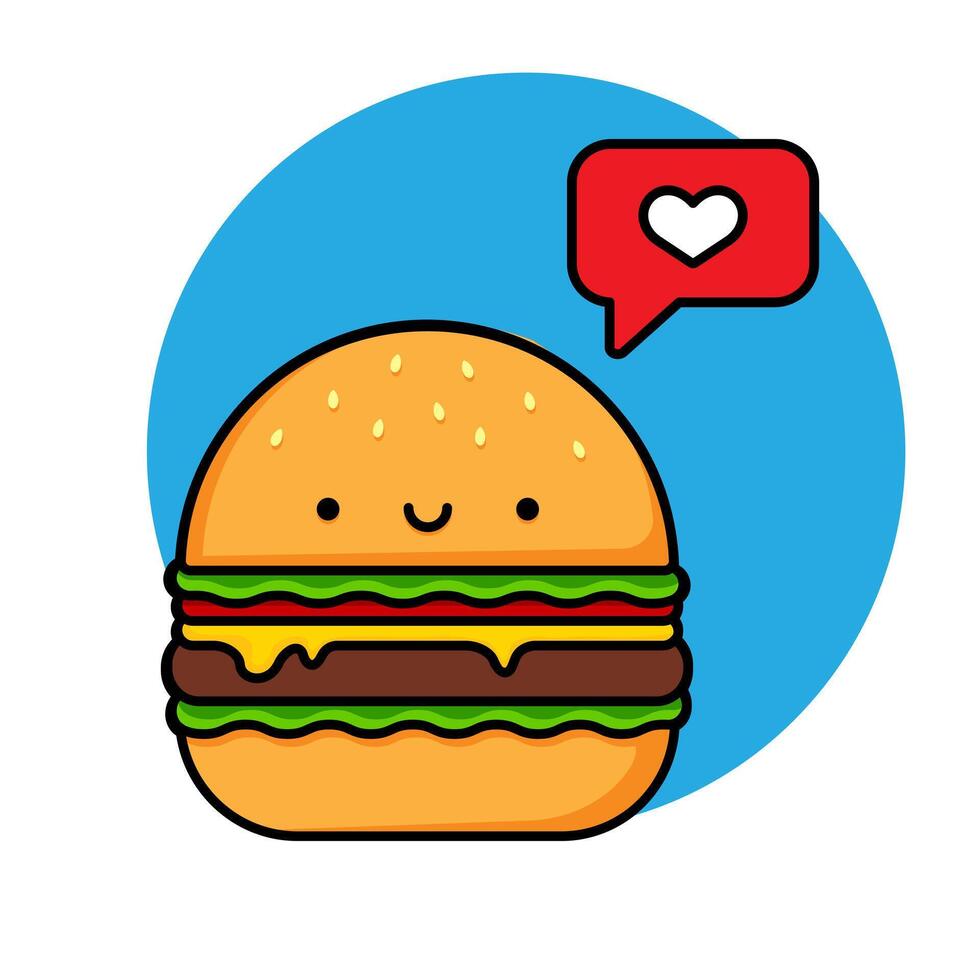 Cartoon image of a cute smiling burger. Red notification with heart icon. Food illustration. illustration vector