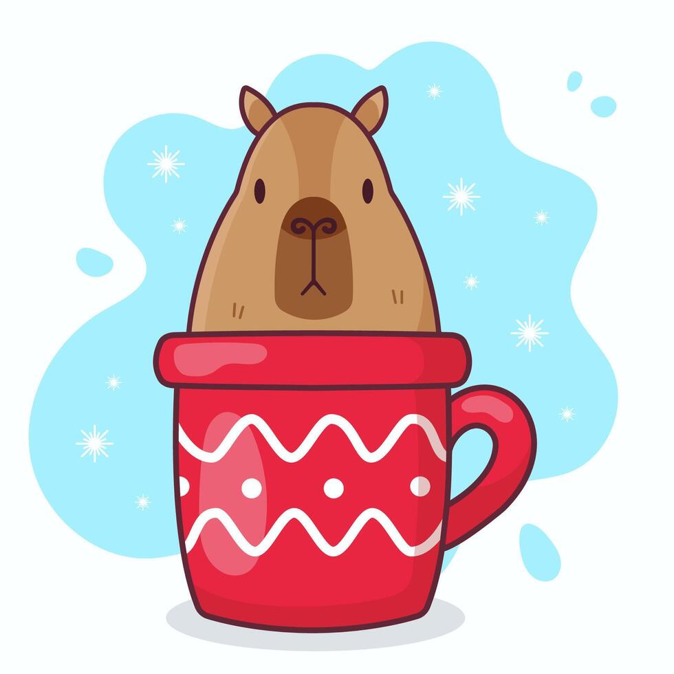 Cute capybara in a red cup. Christmas illustration vector