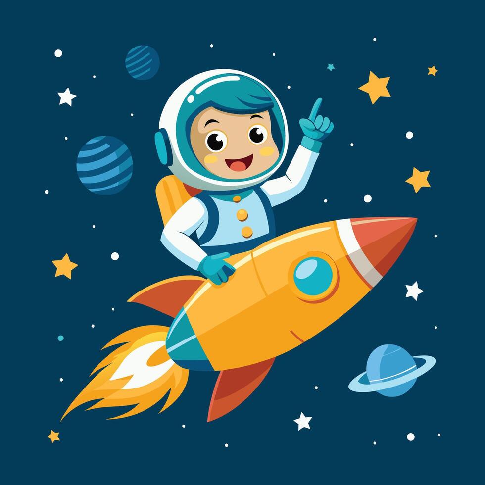 Cute Astronaut Riding Rocket And Waving Hand Cartoon Icon Illustration vector