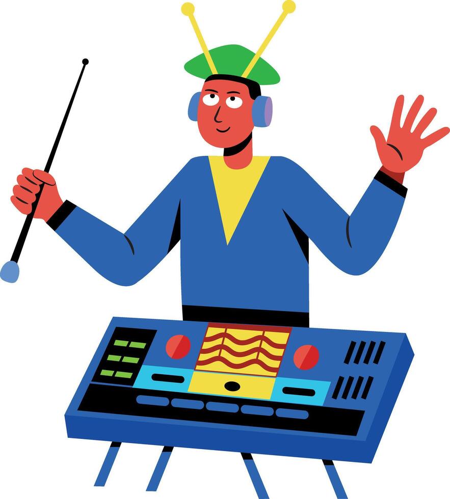 Theremin player with an alien hat, flat style illustration vector