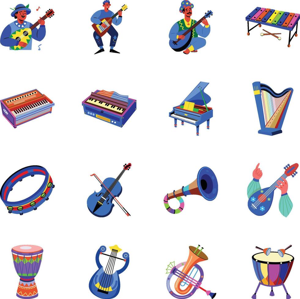 Collection of Music Instruments Flat Illustrations vector