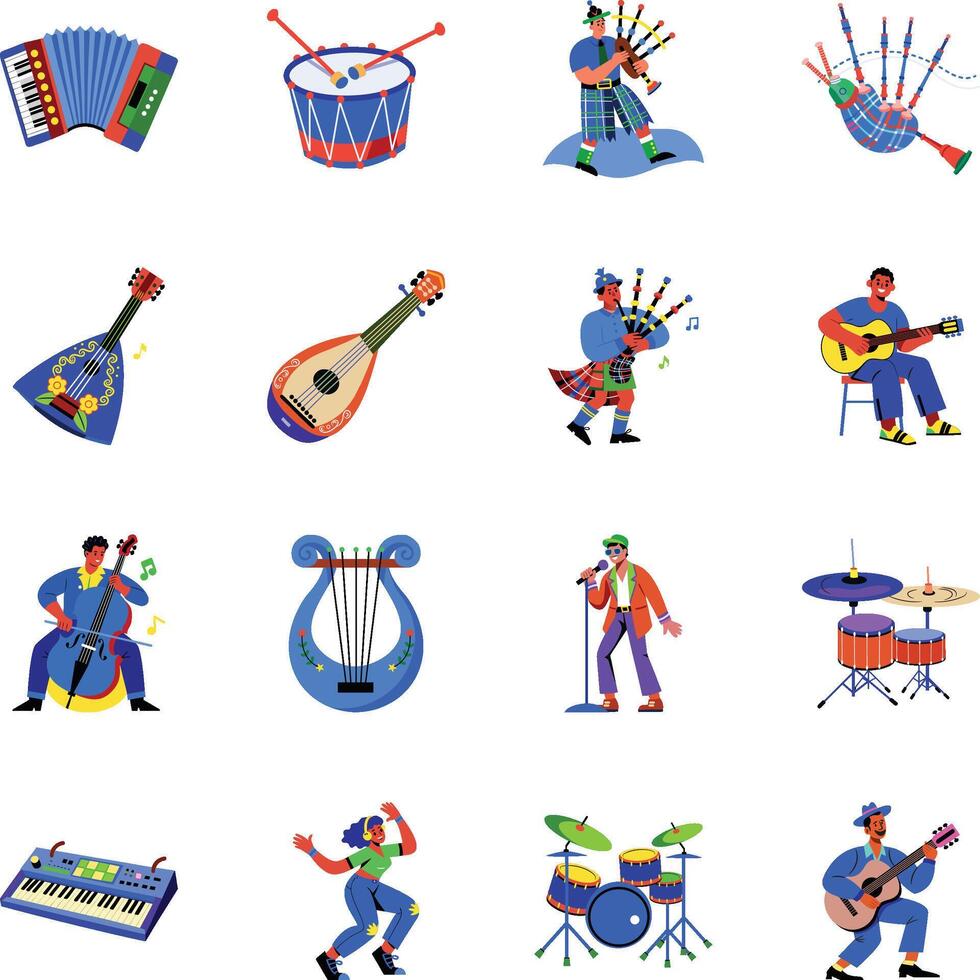 Set of 16 Flat Style Music Illustrations vector