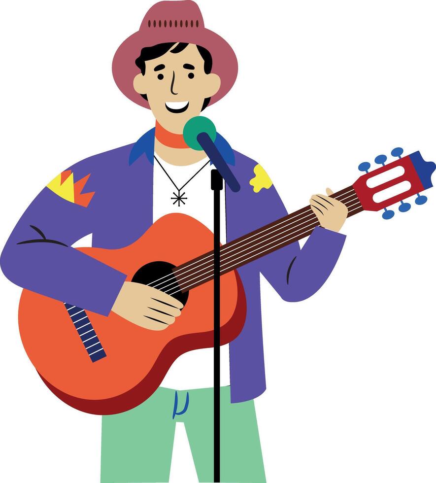 A music artist singing while playing guitar, flat illustration vector