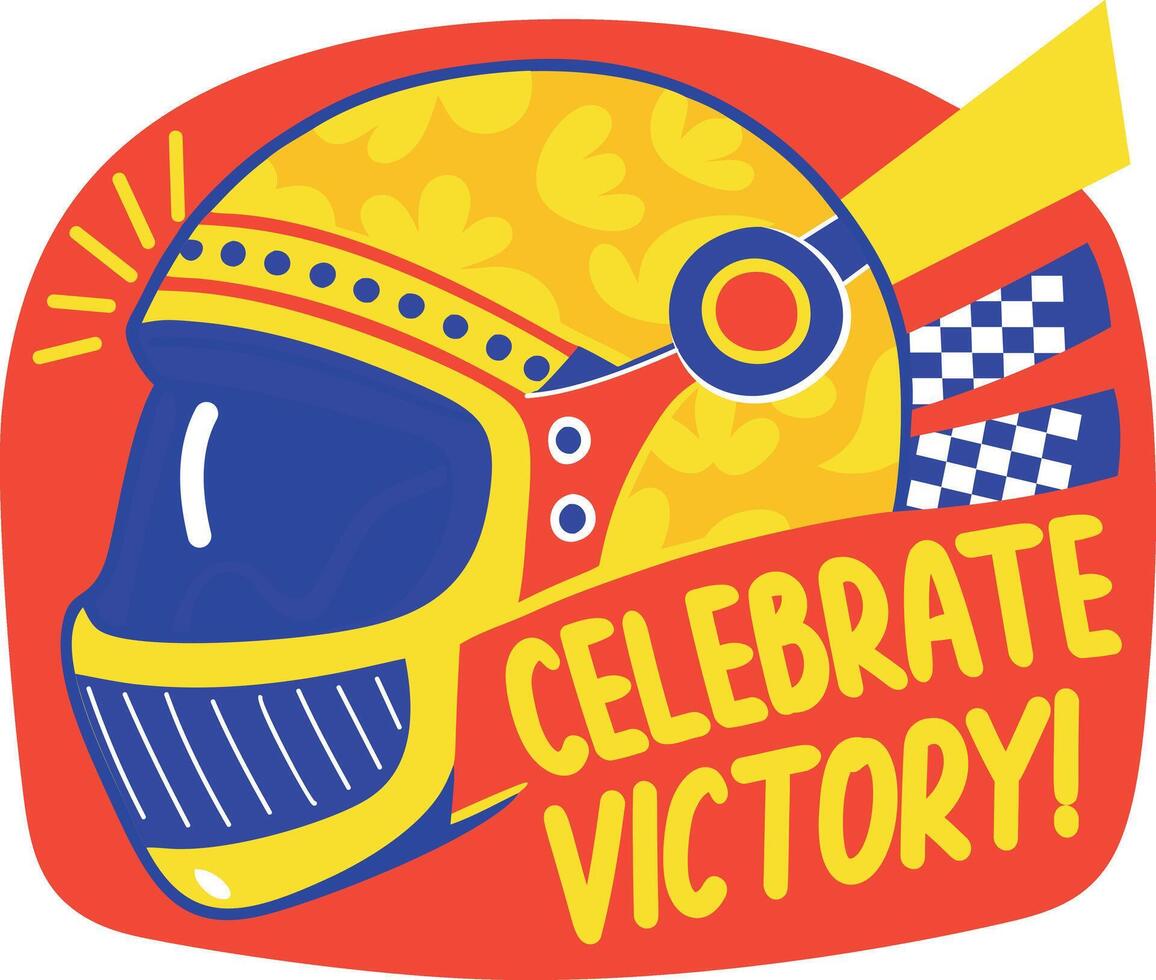 Flat sticker of a racing helmet with celebrate victory text vector