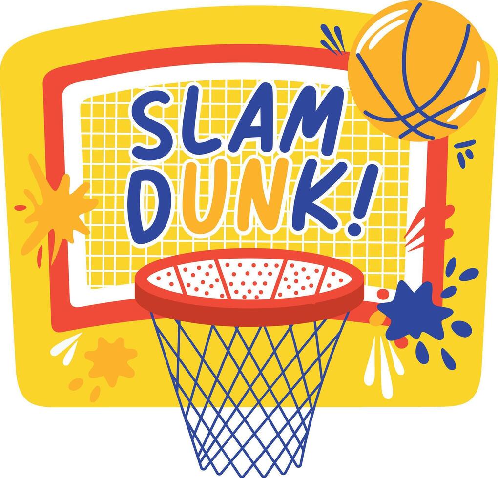 A flat sticker of basketball court with slam dunk typography vector