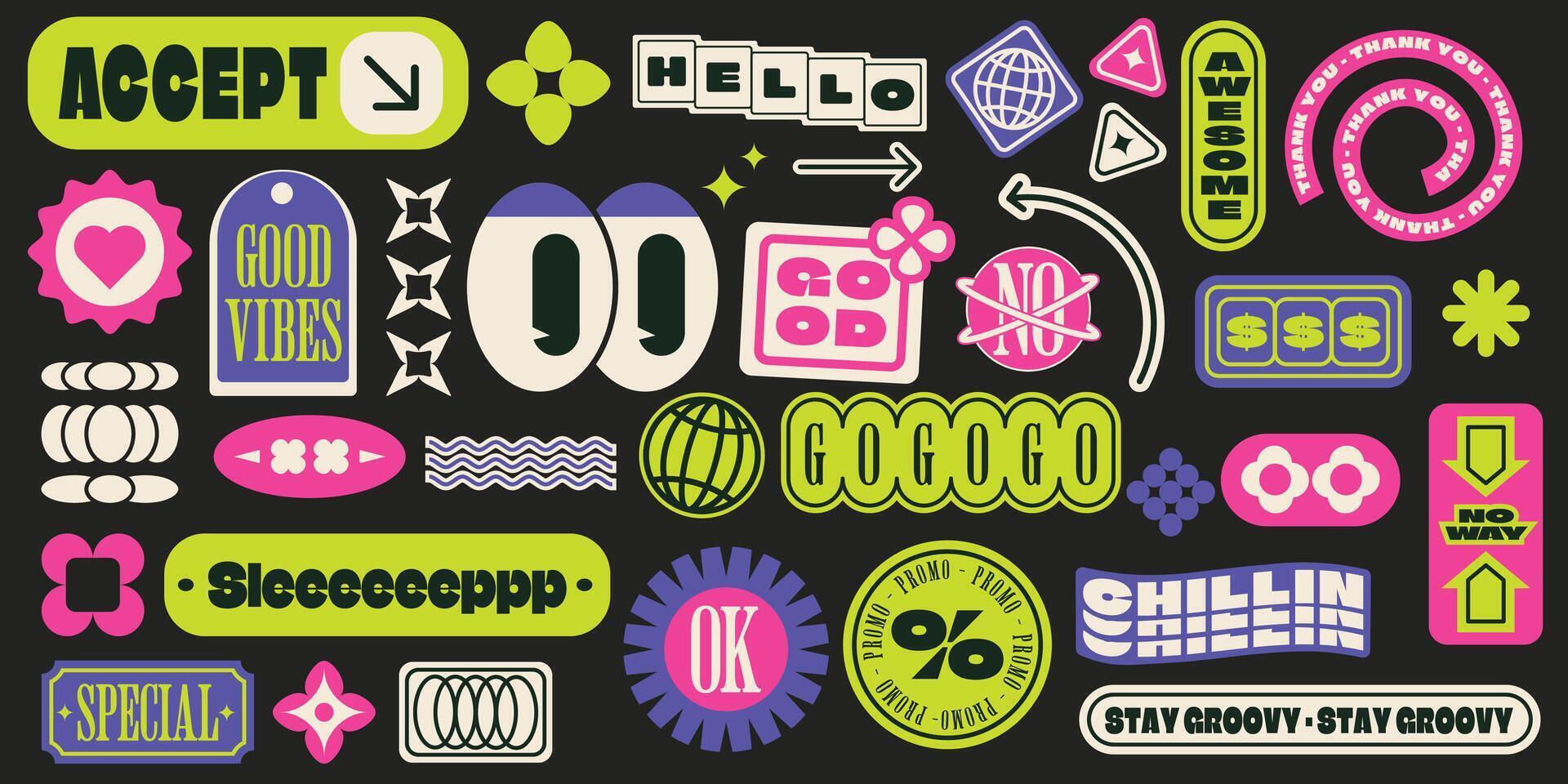 Retro Vibes 90s Inspired Stickers Featuring a Balloon, a Heart with Legs, and a Joyful Flower. Embrace the Good Vibes and Love with This Trendy Collection Stylish Patches, Stickers, Labels, and tags vector