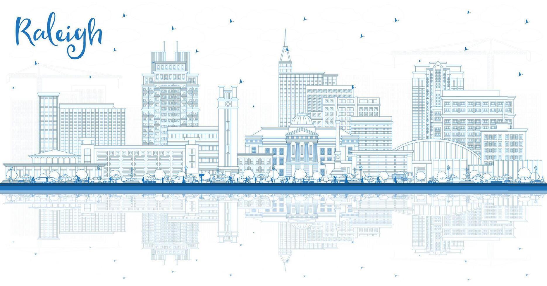 Outline Raleigh North Carolina City Skyline with Blue Buildings and reflections. Raleigh Cityscape with Landmarks. Business Travel and Tourism Concept with Modern Architecture. vector