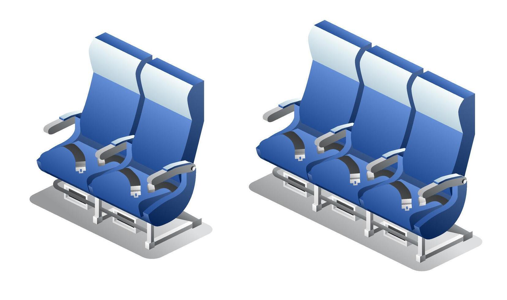 Isometric airplane seats. Economy class seats. Objects isolated on white background. Aircraft interior armchair. vector