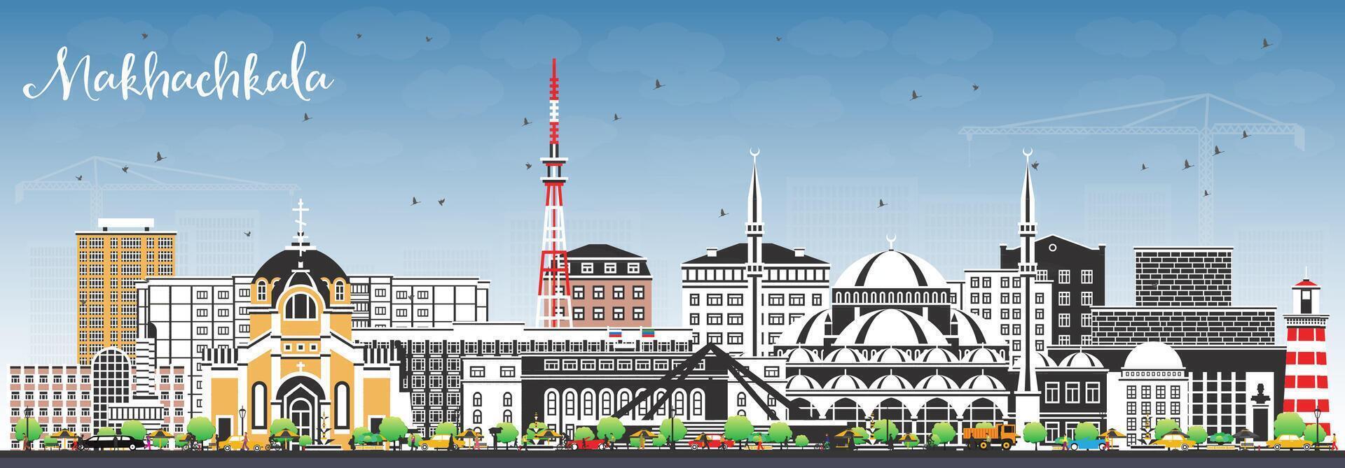 Makhachkala Russia city skyline with color buildings and blue sky. Makhachkala cityscape with landmarks. Business travel and tourism concept with modern and historic architecture. vector