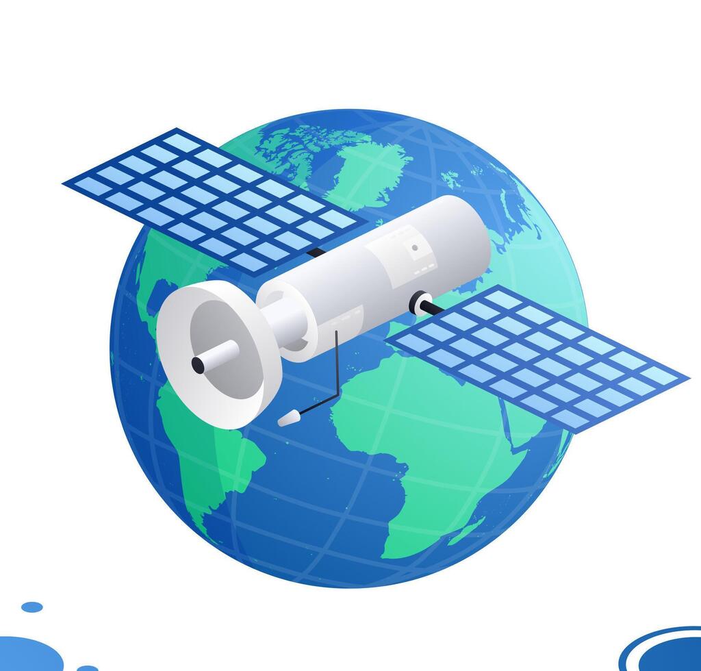 Isometric communication satellite with antenna flies in orbit around the globe. Objects isolated on white. Wireless technology. vector