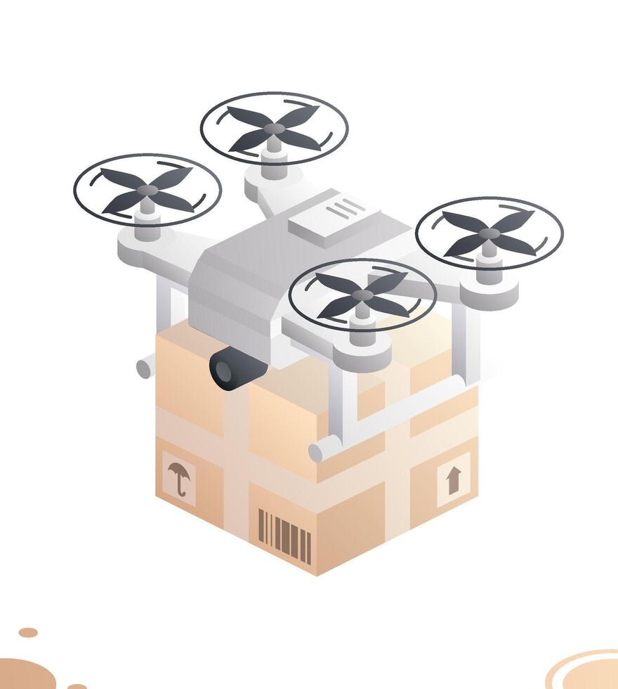 Isometric drone quadcopter with parcel box isolated on white. Delivery of goods to the buyer. Futuristic transportation logistic technology. Air delivery service. vector
